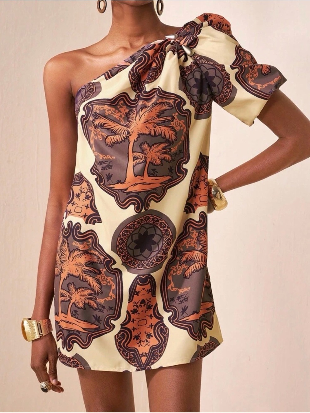 One-Shoulder Palm Motif Mini Dress - Neutral Palm Print